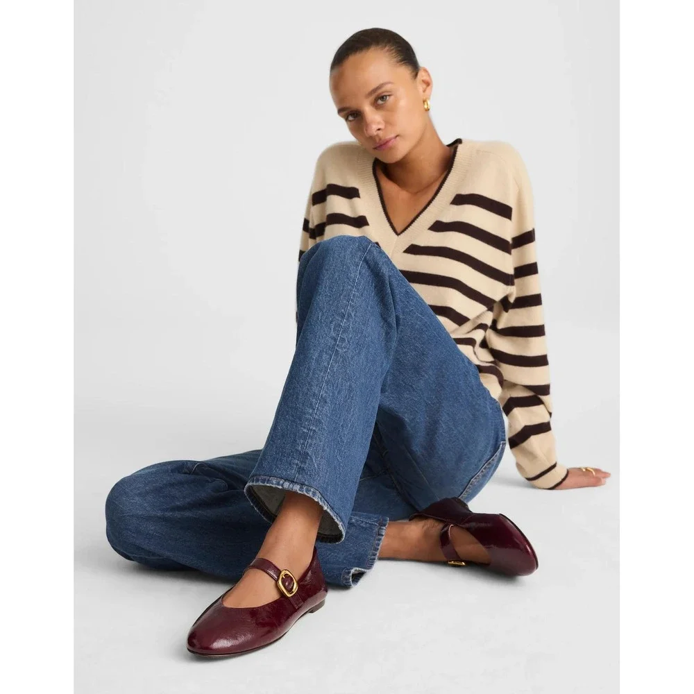 Madewell Burgundy Patent Leather Mary Jane Flats with Gold Buckle